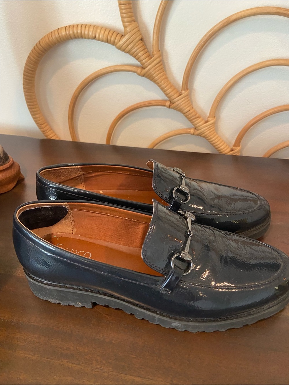 Franco Sarto Cason Lug Black Loafers Horsebit Hardware Faux Leather Size 9.5M